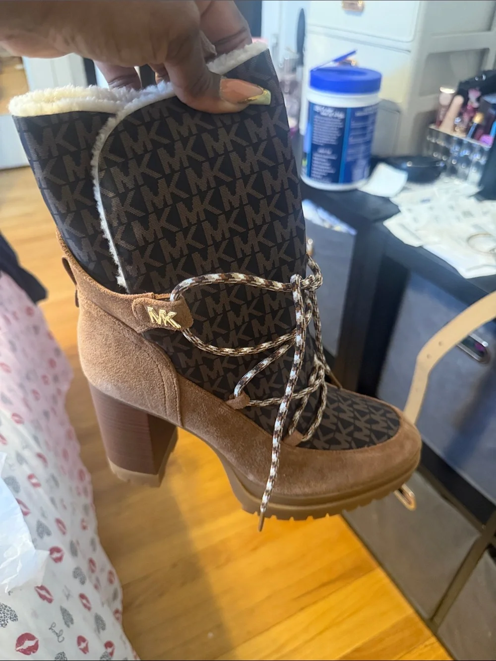 Michael Kors Brown Suede Logo Lace-Up Block Heel Boot